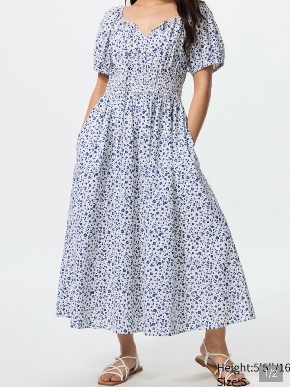Uniqlo Cotton Smocked White Dress with Blue Floral Print